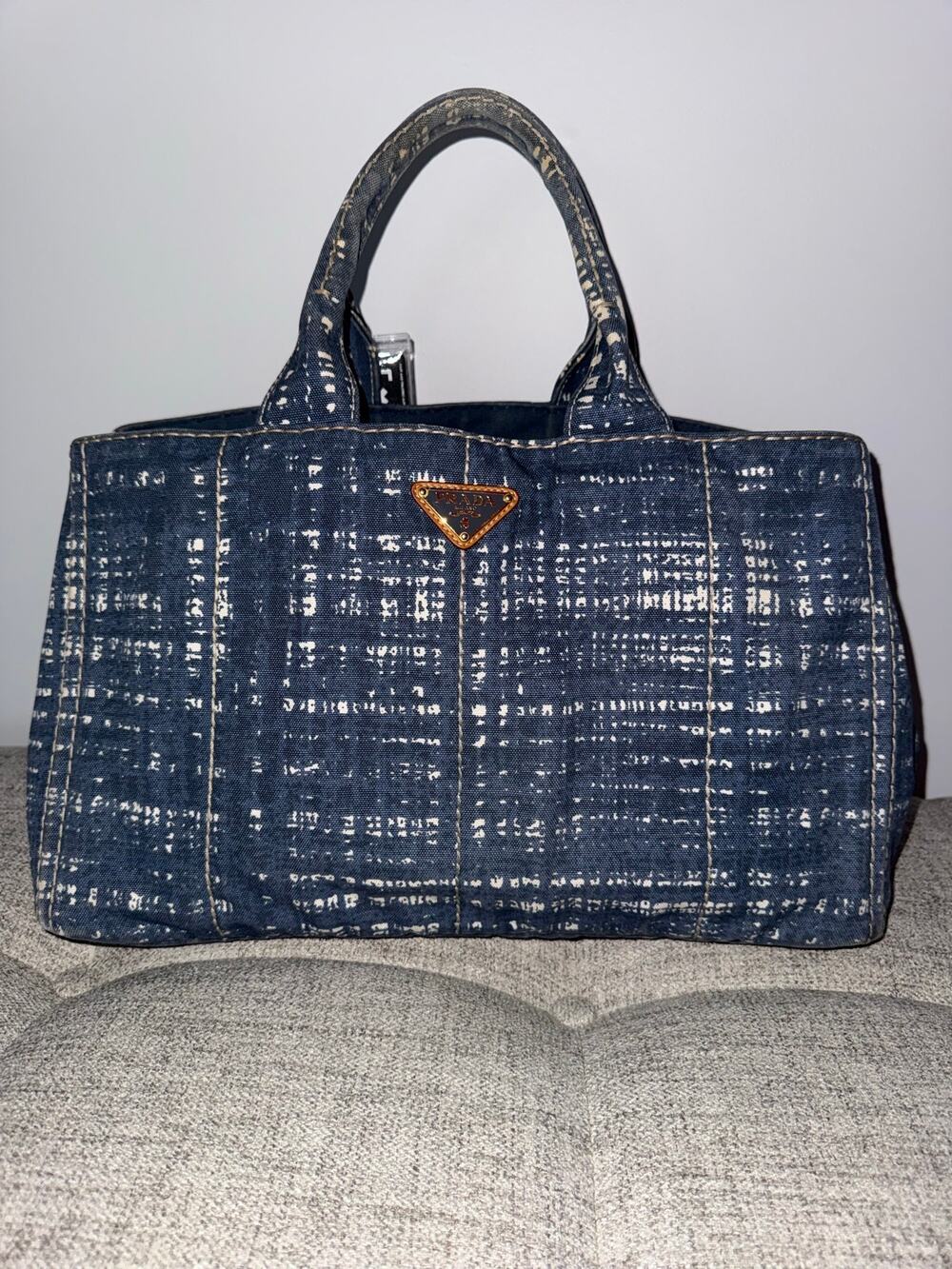 Prada Canapa Stampata Vintage Canvas Tote Blue/White Abstract Print